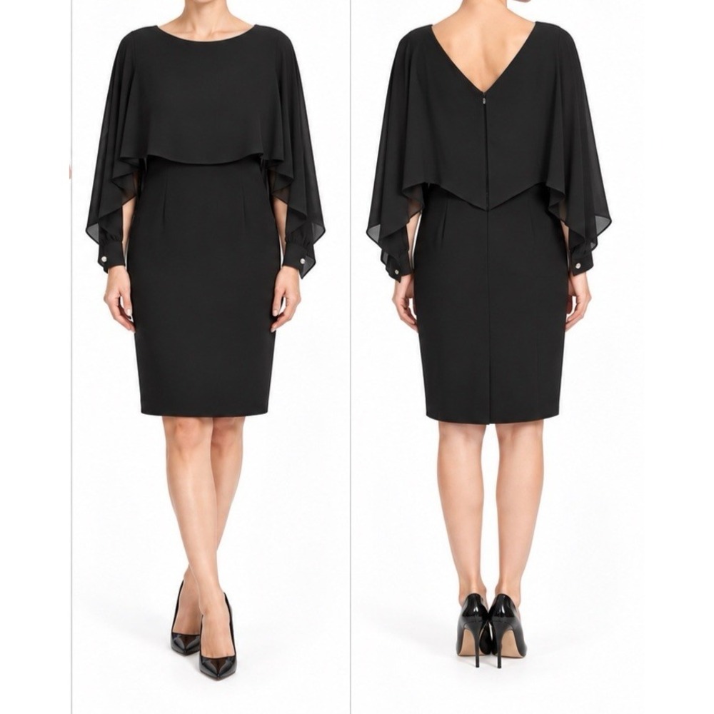 Joseph Ribkoff Black Sheath Dress W/Sheer Cape Lined No Size Tag